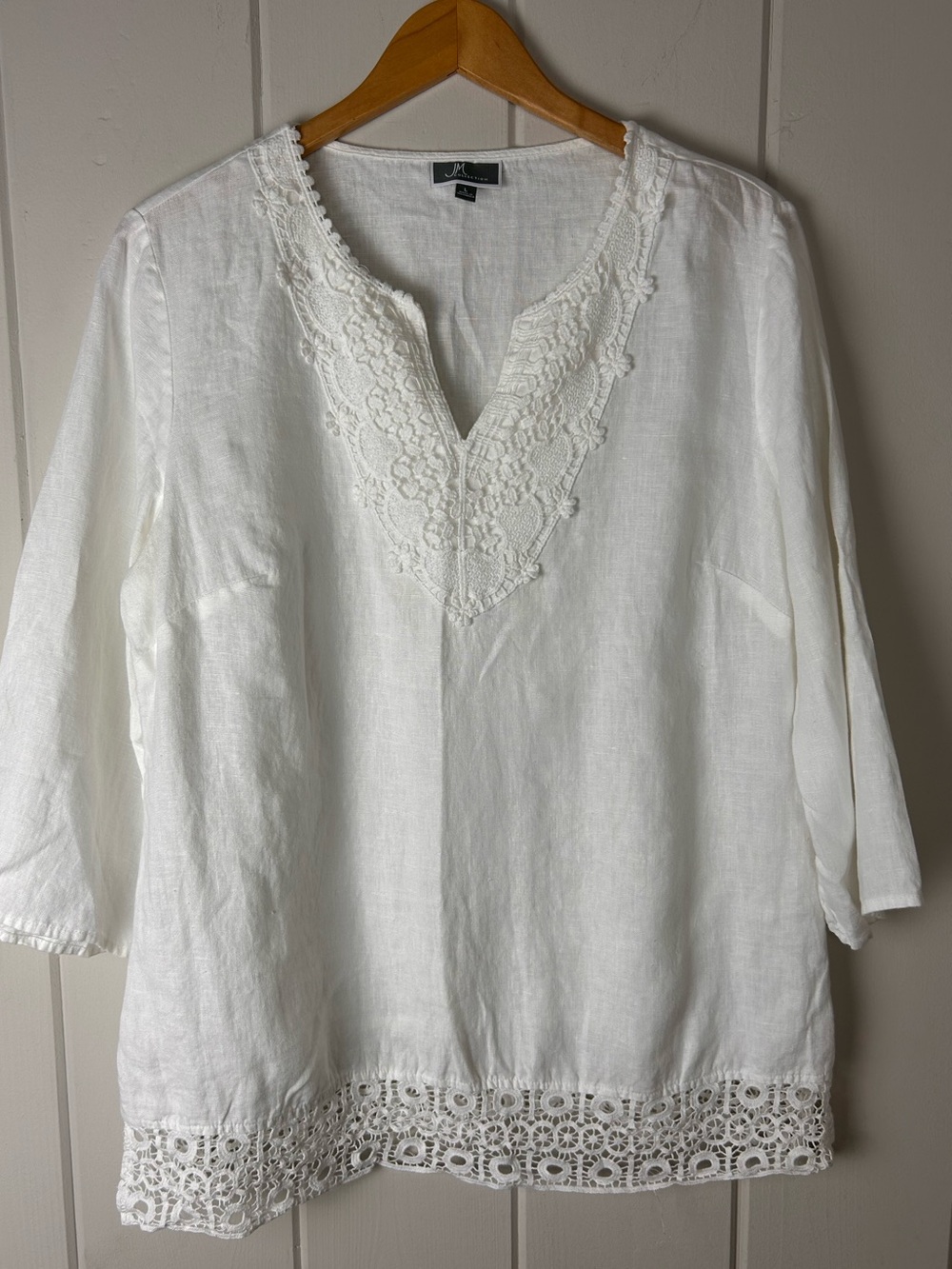 JM Collection Linen Blouse White Lace Trim Boho Tunic Top Size Large Lightweight